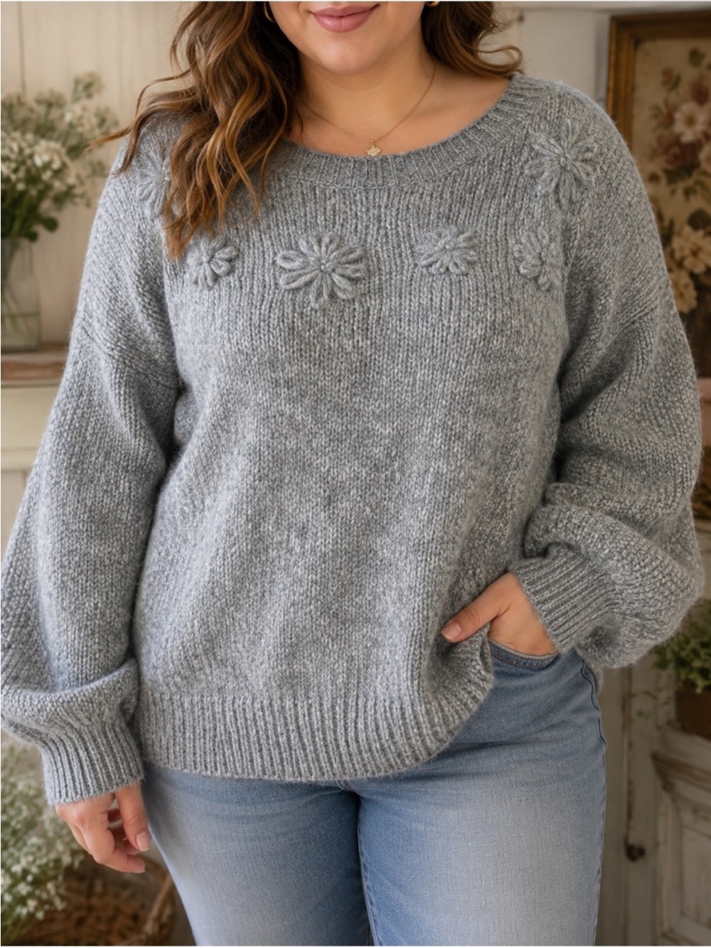 Floral Appliqué Balloon Sleeve
Cottagecore Cozy Knit Pullover Sweater